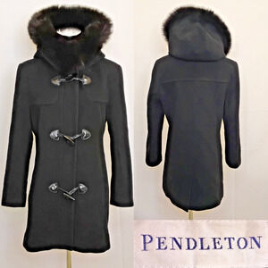 Pendleton Wool Coat Women's 10 Petite Black Fox Fur Trim Hooded Vintage #J5291